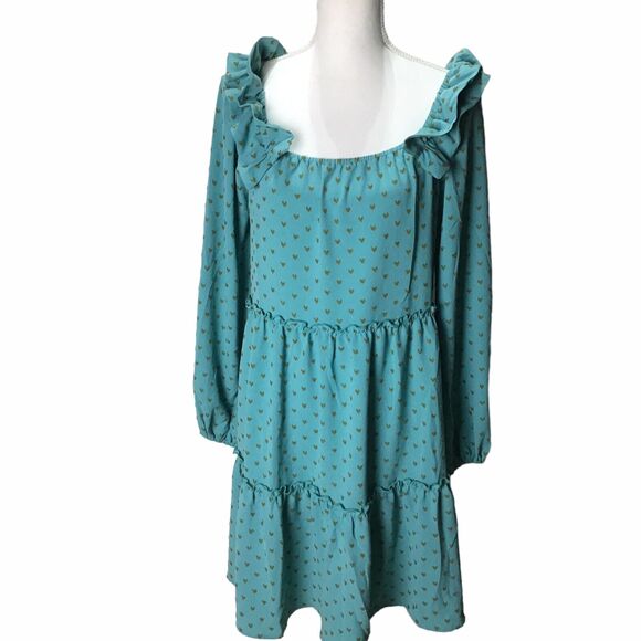 J.O.A. Women’s Size Medium Teal Ruffle Tiered Mini Dress Long Sleeve Style 15062 - Picture 3 of 16